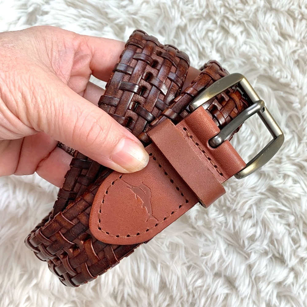 Tommy Bahama Braided Woven Leather Belt Cognac Brown 38
